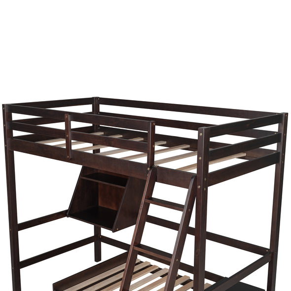 Twin Size Loft Bed Wood Bed with Convertible Lower Bed, Storage Drawer and Shelf ( Espresso )