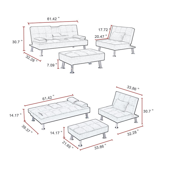 Fabric Folding Sofa Bed with 2 Cup Holders, Removable Armrest and Metal Legs, Single Sofa Bed with Ottoman3 pcs for 1 sets .