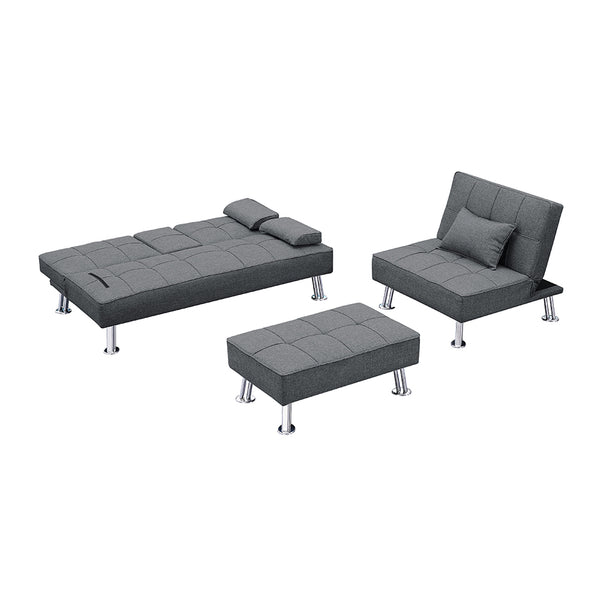 Convertible Fabric Folding Sofa Bed with 2 Cup Holders, Removable Armrest and Metal Legs, Single Sofabed with Ottoman , 3 pcs for 1 sets .