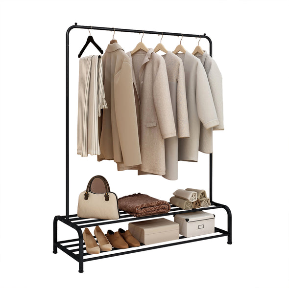 Clothing Garment Rack with Shelves, Metal Cloth Hanger Rack Stand Clothes Drying Rack for Hanging Clothes,with Top Rod Organizer Shirt Towel Rack and Lower Storage Shelf for Boxes Shoes Boots, Black