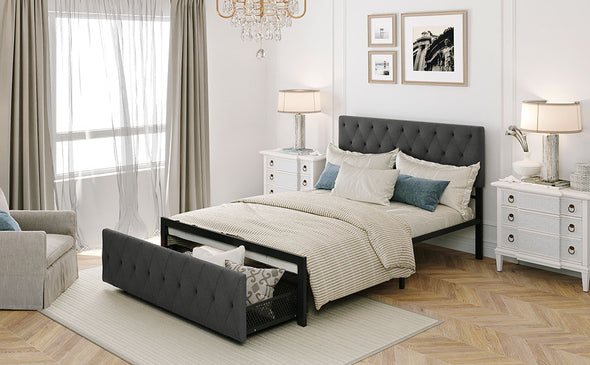 Full Size Storage Bed Metal Platform Bed with a Big Drawer - Gray
