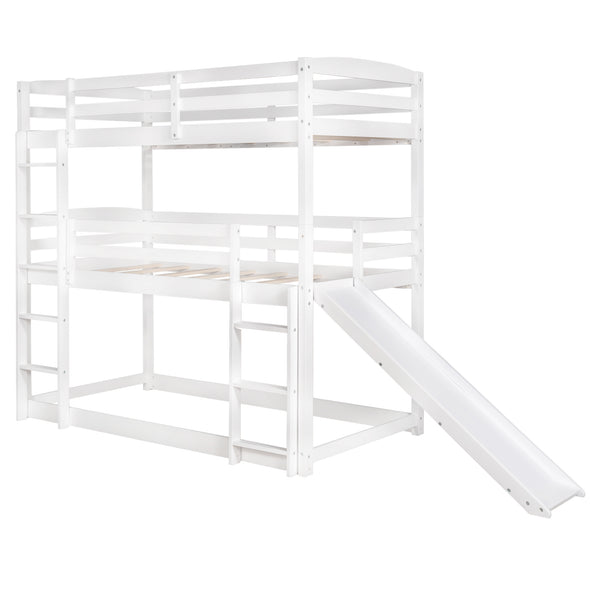 Twin Over Twin Over Twin Adjustable Triple Bunk Bed with Ladder and Slide, White