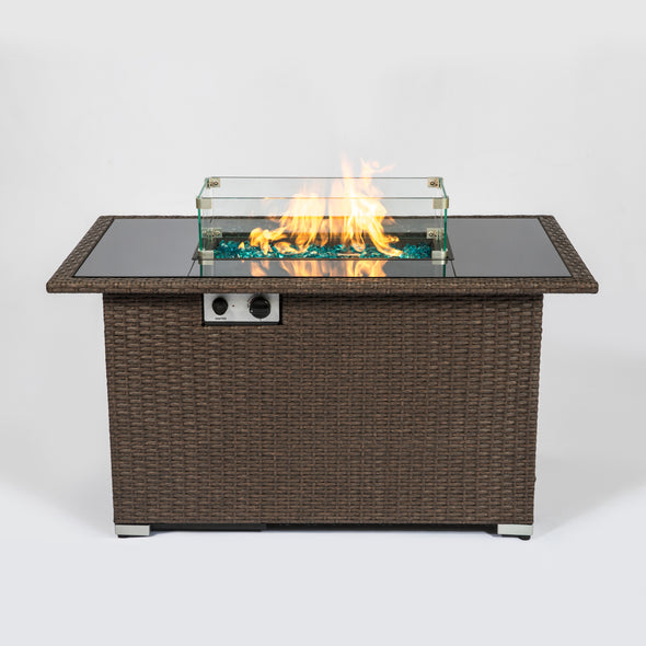 Outdoor 44& Fire pit  Table  Rectangle  50,000 BTU with  8mm Tempered Glass Tabletop  Blue Stone Steel table lid Table waterproof dusty Cover ,ETL Certification (Brown)