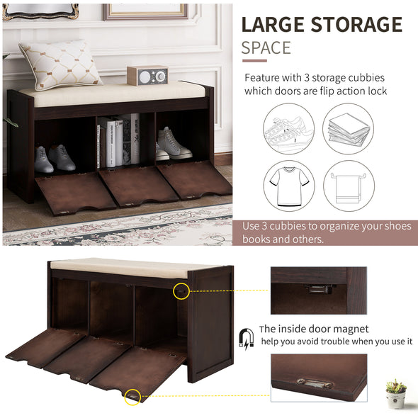 Storage Bench with Removale Cushion and 3 Flip Lock Storage Cubbies for Living Room, Entryway (Espresso)