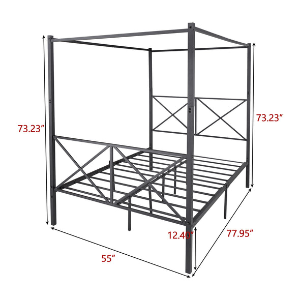 Metal Canopy Bed Frame, Platform Bed Frame  with X Shaped Frame Full Black