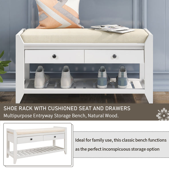 Shoe Rack with Cushioned Seat and Drawers, Multipurpose Entryway Storage Bench, White