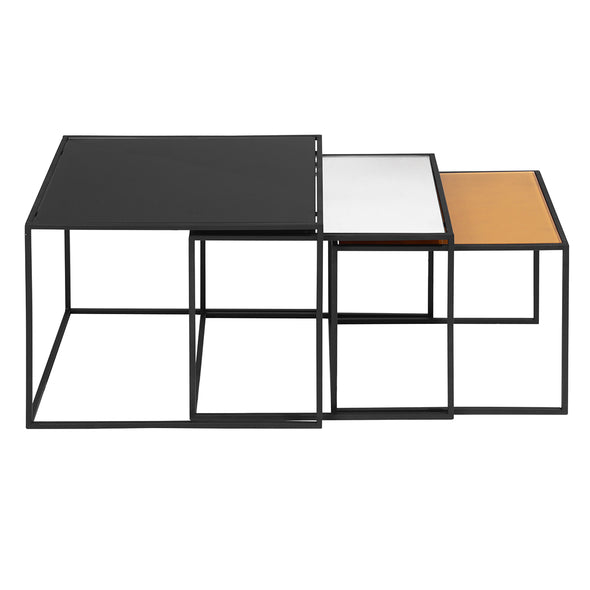 3-Piece Mirror Top Nesting Coffee Table End/Side Table Set in Black Steel Tube