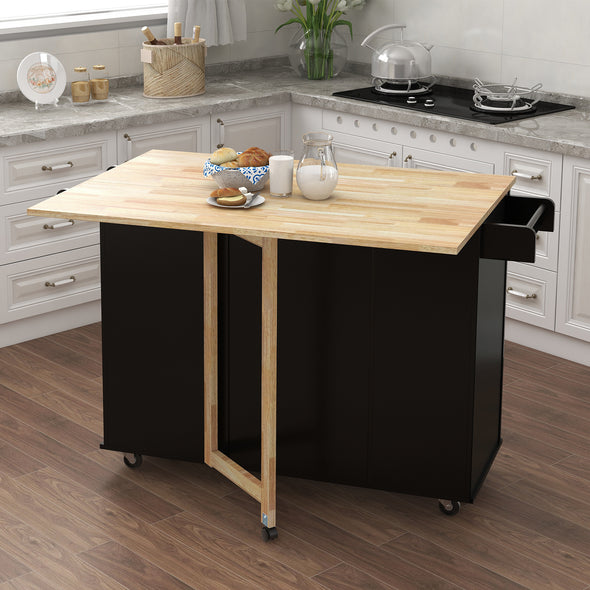 Kitchen Island with Spice Rack, Towel Rack and Extensible Solid Wood Table Top-Black