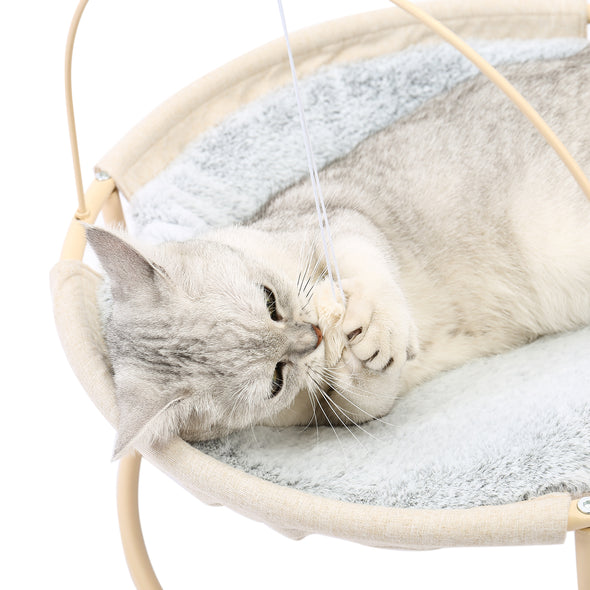 Cat Bed Soft Plush Cat Hammock Detachable Pet Bed with Dangling Ball for Cats, Small Dogs-Beige