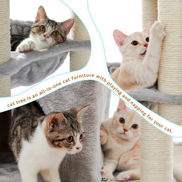 Multi-Platform 65.3   Cat Tree with Sisal Scratching Posts, Deluxe Condo, 2 Top Perches and Hammock Bed for Large Cats, Grey