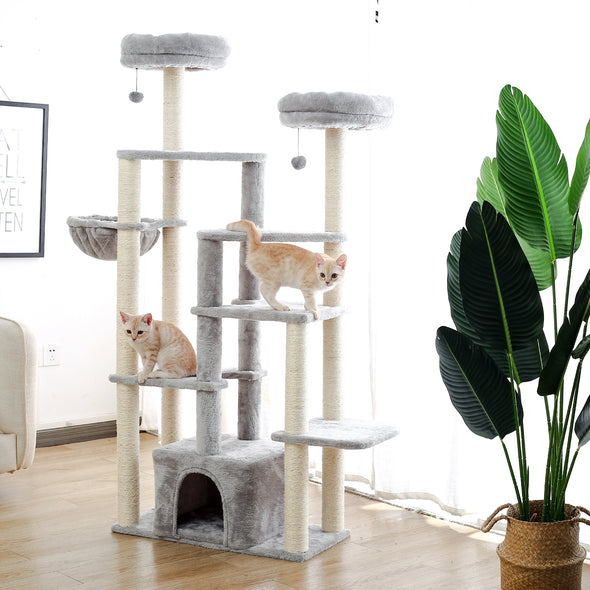 Multi-Platform 65.3   Cat Tree with Sisal Scratching Posts, Deluxe Condo, 2 Top Perches and Hammock Bed for Large Cats, Grey