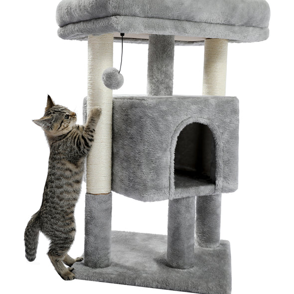 28.4 Inches Small Cat Tree for Indoor Cats Polyester Plush Cat Tower with Beige Condos, Spacious Perch,Scratching Sisal Posts Plush-covered posts and Replaceable Dangling Balls Gray