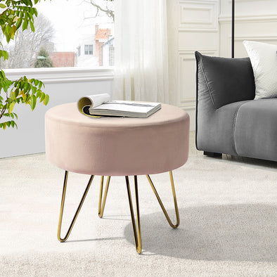 17.7& Pink and Gold Decorative Round Shaped Ottoman with Metal Legs