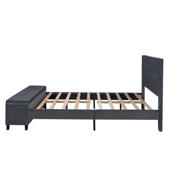 Queen Size Storage Bed Upholstered Platform Bed with a Cushioned Ottoman - Dark Gray