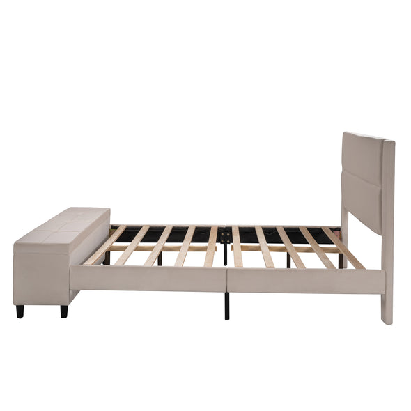 Queen Size Storage Bed Upholstered Platform Bed with a Cushioned Ottoman - Beige