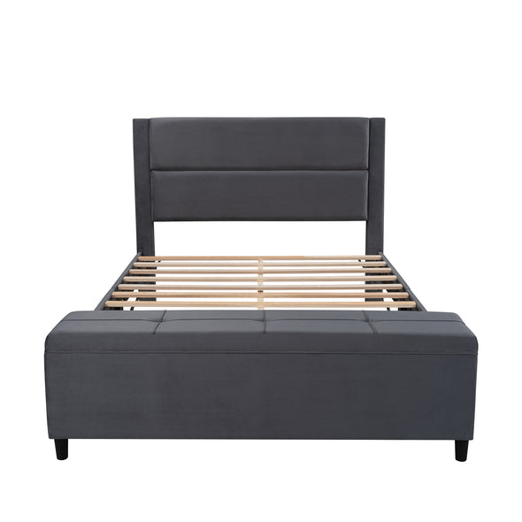 Queen Size Storage Bed Upholstered Platform Bed with a Cushioned Ottoman - Dark Gray