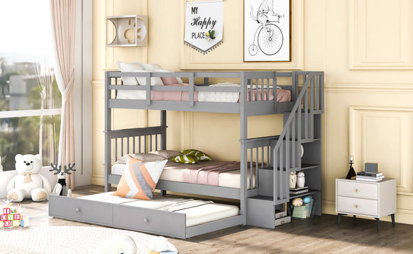Stairway Twin-Over-Twin Bunk Bed with Twin size Trundle for Bedroom, Dorm, Adults, Gray(Old SKU:LP000209AAE)