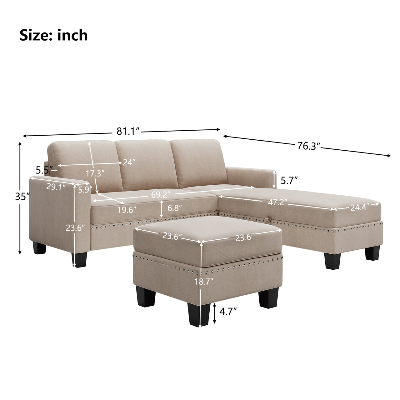 [New]  81.1*76.3*35& Nailheaded Textured Fabric 3 pieces Sofa Set, L Sectional Sofa with Ottoman,Reversible Storage Chaise,Warm Grey