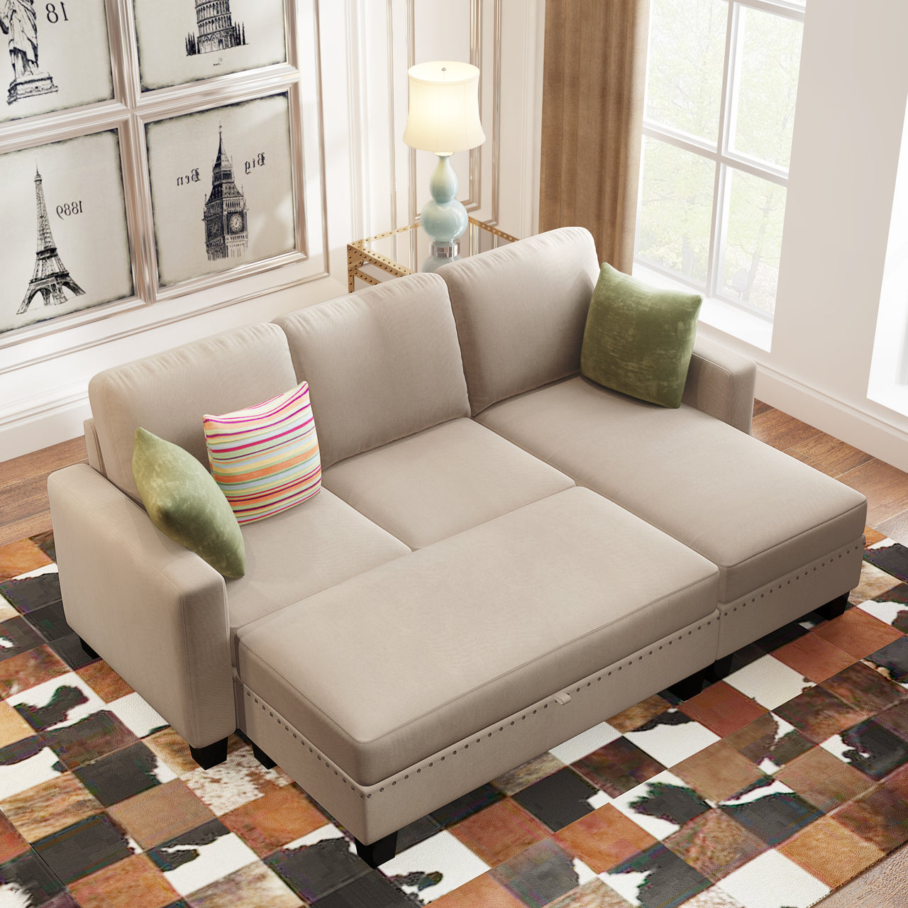 [New]81& Nailheaded Textured Fabric 3 pieces,Sofa,Square Ottoman,Rectangle Storage Ottoman,Warm Grey