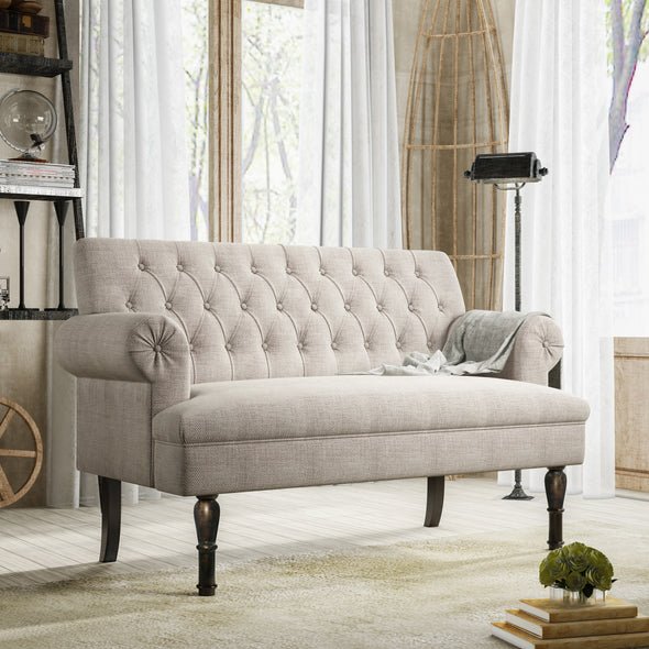 [New arrival]58  Linen Textured Fabric Chesterfield Settee Button Tufted Scrolled Arm Loveseat High Gourd Wood Leg Studio Bench (Pillows not included) Light Beige