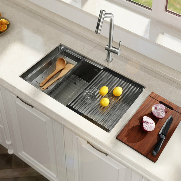 TRUSTMADE Workstation 32-inch Undermount 16 Gauge Kitchen Sink R10 Radius Stainless Steel Kitchen Sink Single Bowl - 100% Handmade with Intergrated Ledge & Accessories (Pack of 5) -32 x19 x10