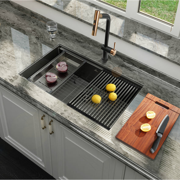 TRUSTMADE Workstation 30-inch Undermount 16 Gauge Kitchen Sink R10 Radius Stainless Steel Kitchen Sink Single Bowl - 100% Handmade with Intergrated Ledge & Accessories (Pack of 5), Gunmetal Black