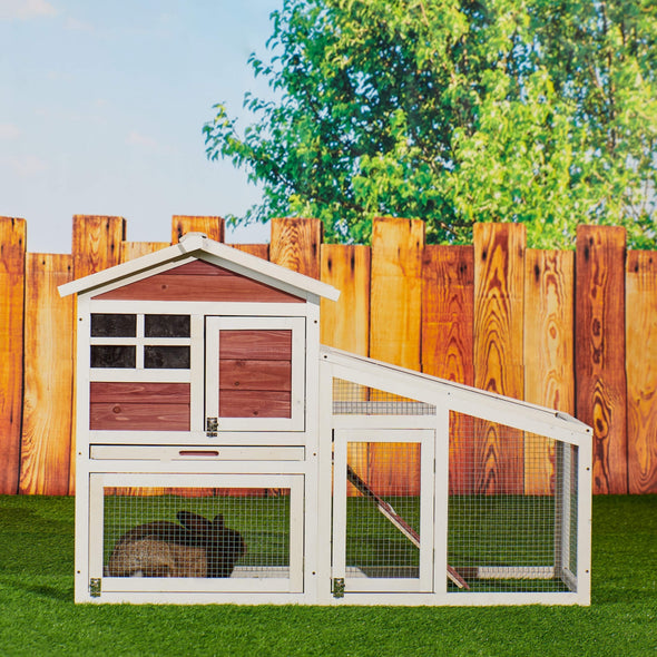 Rabbit Hutch Indoor Outdoor, Wooden Chicken Coop, Bunny Cage Hen House with Run, Ventilation Door, Removable Tray, Ramp, Sunlight Panel, Backyard Garden Animals Pet Cage Auburn