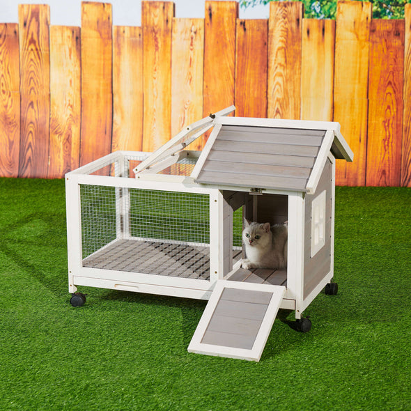 Wooden Rabbit Hutch 40.7  L x 23.4  W x 30  H, Bunny Cage  with 4 Wheels