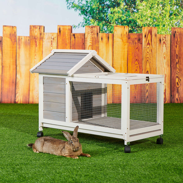 Wooden Rabbit Hutch 40.7  L x 23.4  W x 30  H, Bunny Cage  with 4 Wheels