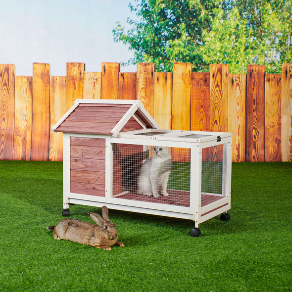 Wooden Rabbit Hutch 40.7  L x 23.4  W x 30  H, Bunny Cage with 4 Wheels, Auburn