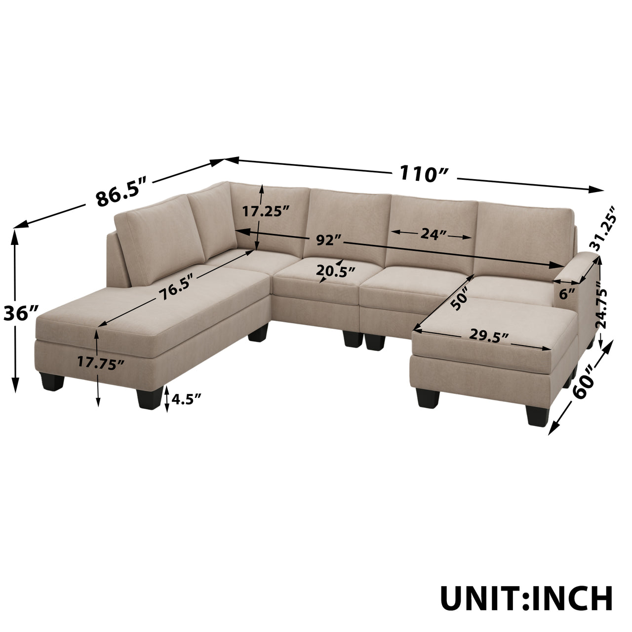 [New] [Video] 110*86.5*36  Textured Fabric Sectional Sofa Set, 4 pieces, U-shaped Sofa With Removable Ottoman, Left-arm Facing Chaise, Grey