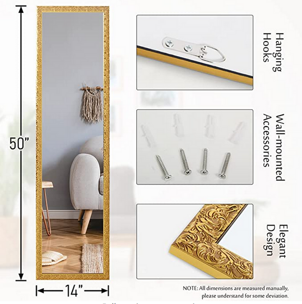 Full Length Mirror Door Mirror Full Body Dressing Mirror Wall Mounted Hanging for Dorm Home, 50 x 14 , Gold