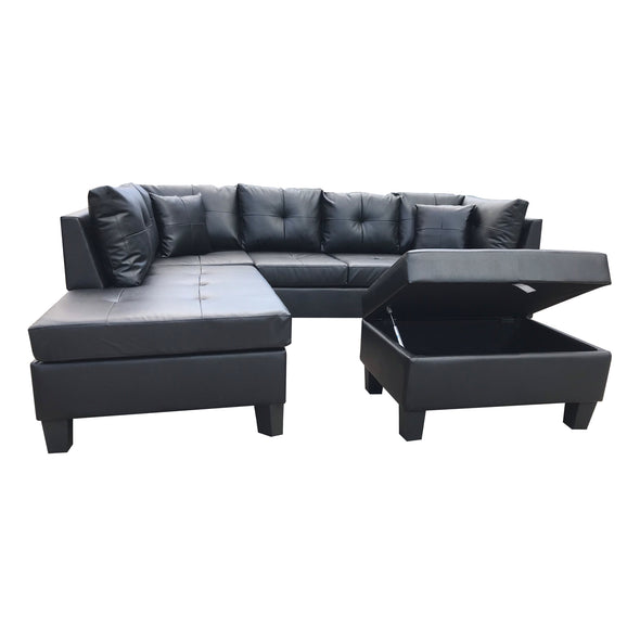 3-Piece sofa with 1 x 3-seat sofa, 1 x Left chaise lounge, 1 x storage ottoman, 7 x back cushions,2 x throw pillows (BLACK PU)