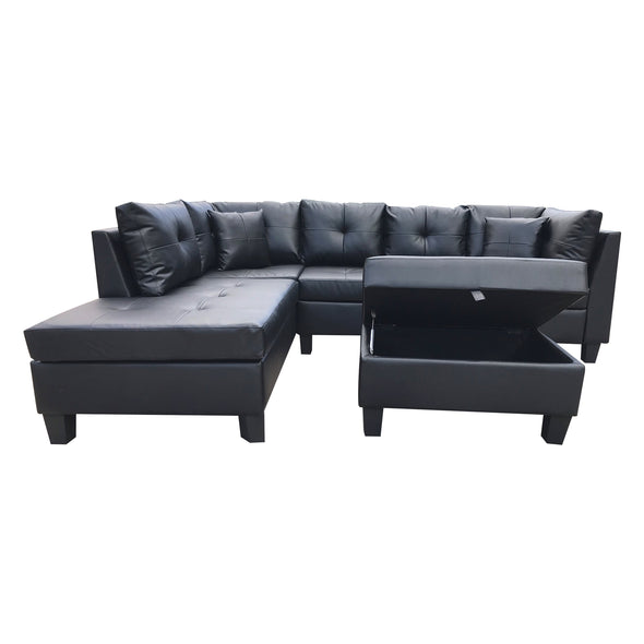 3-Piece sofa with 1 x 3-seat sofa, 1 x Left chaise lounge, 1 x storage ottoman, 7 x back cushions,2 x throw pillows (BLACK PU)