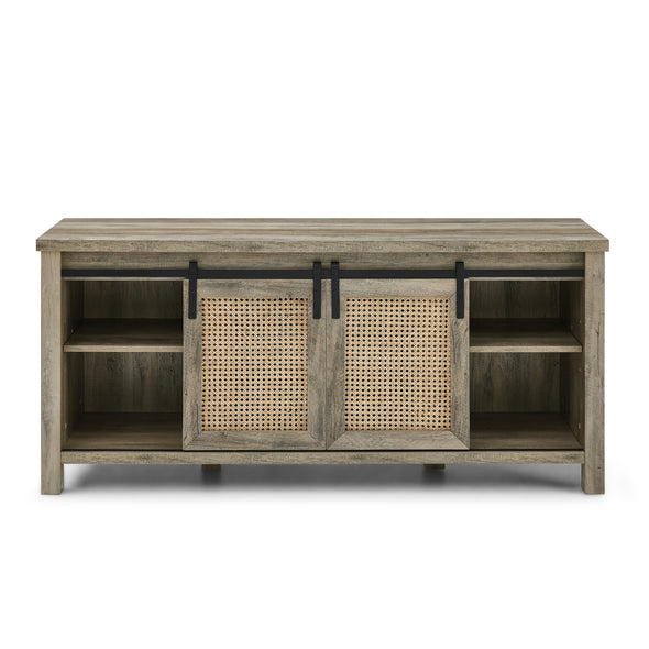 TV Stand for TVs up to 65  with Electric Fireplace, Cabinet Door with Rattan Net and Pulley, 4 Storage Shelves, Grey (58 x15.5 x26 )