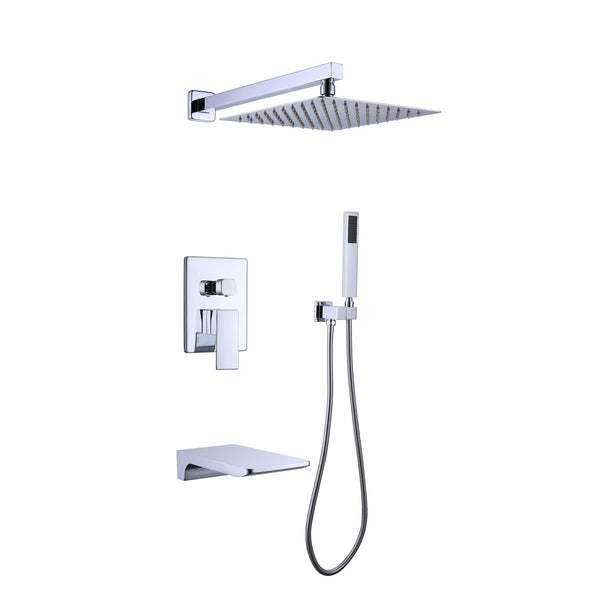 Trustmade Wall Mounted Square Rainfall Pressure Balanced Complteted Shower System with Rough-in Valve, 3 Function, 10 inches Chrome - 3W02