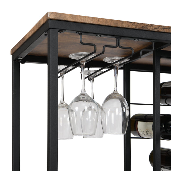 Industrial Wine Rack Table with Glass Holder, Wine Bar Cabinet with Storage