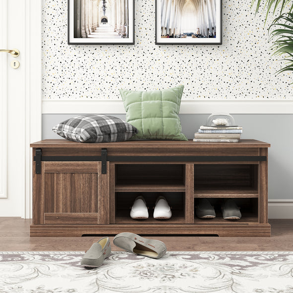 TREXM Storage Bench with a Sliding Door and Adjustable Shelf in entryway (Barnwood)