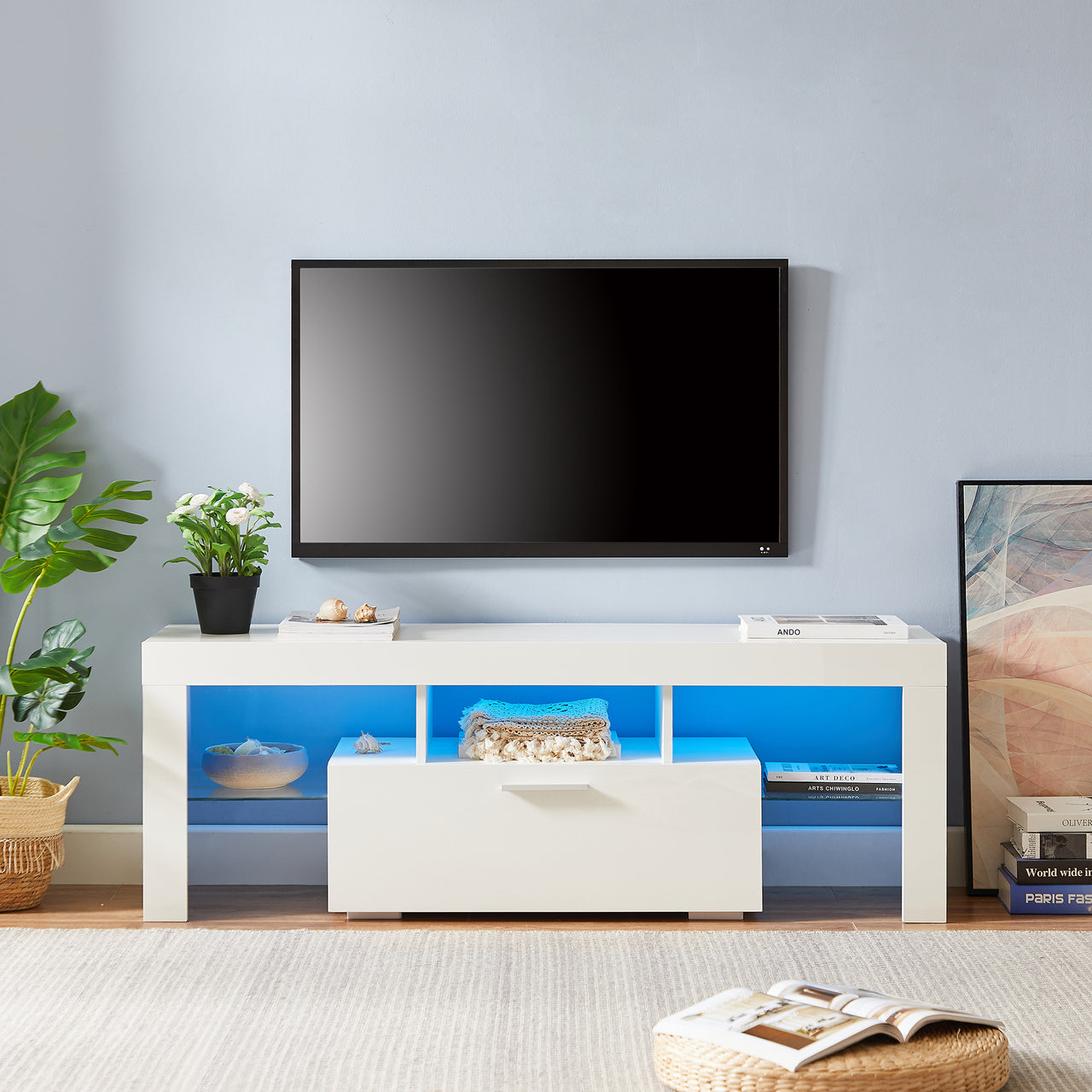 20 minutes quick assemble White morden TV Stand with LED Lights