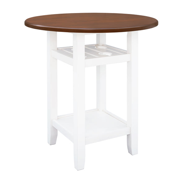 TOPMAX Farmhouse Round Counter Height Kitchen Dining Table with Storage Shelf and Glass Holder, Cherry+White