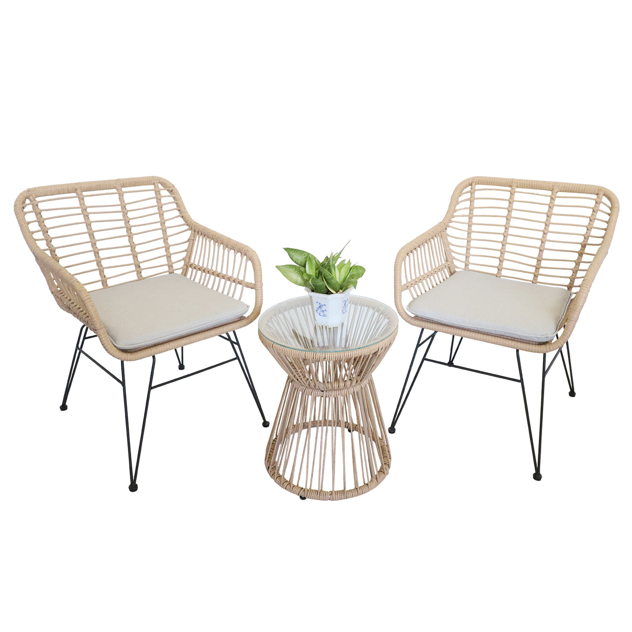 Balcony Furniture, 3 Piece Patio Set, Outdoor Wicker Chairs with Glass Top Table and Soft Cushion, Rattan Front Porch Furniture