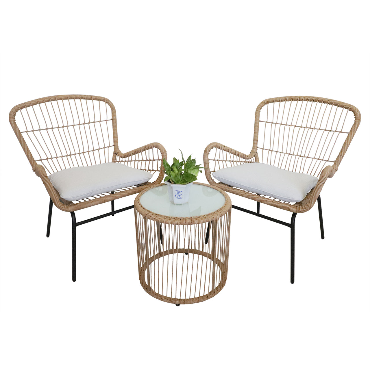 Balcony Furniture, 3 Piece Patio Set, Outdoor Wicker Chairs with Glass Top Table and Soft Cushion, Rattan Front Porch Furniture