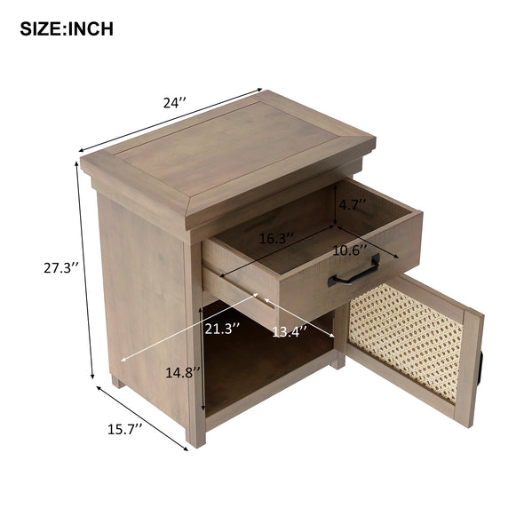 Rustic Nightstand with Drawer and Rattan Design Cabinet,Natural