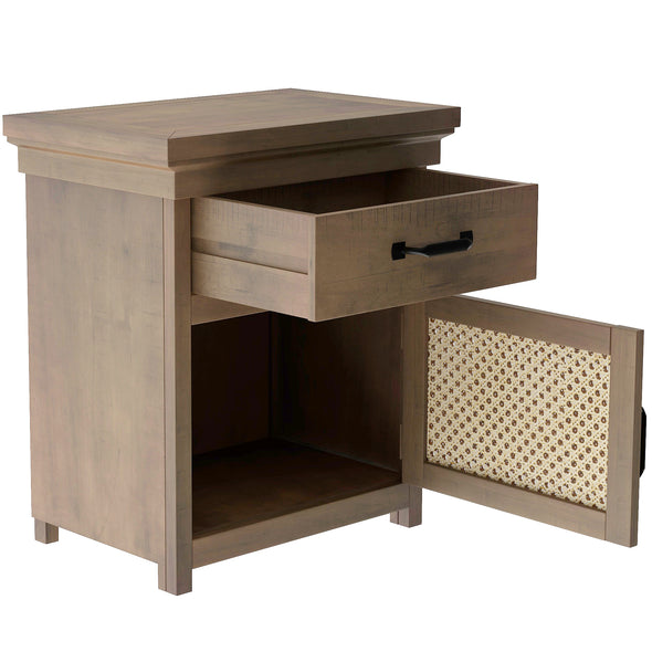 Rustic Nightstand with Drawer and Rattan Design Cabinet,Natural
