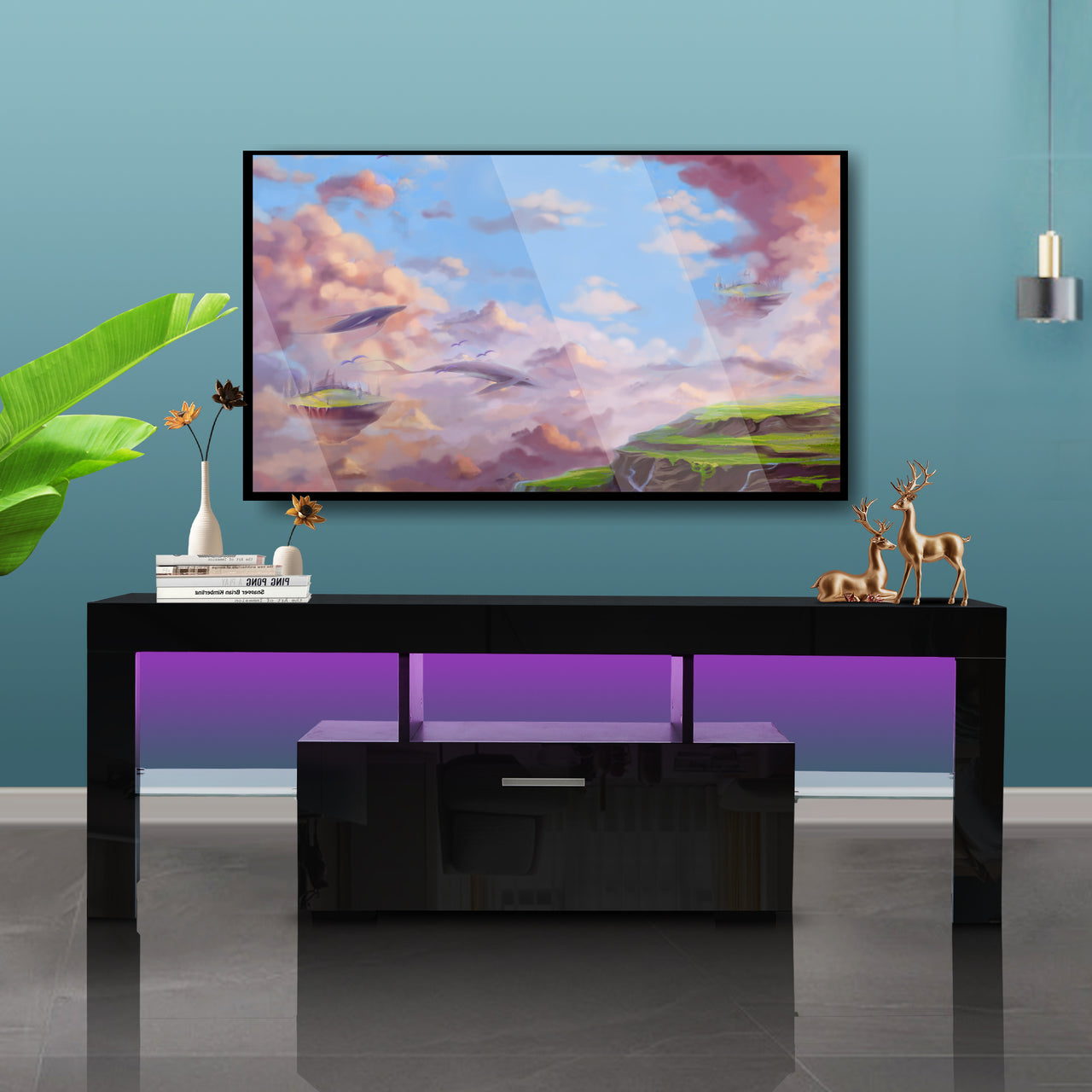 20 minutes quick assemble,Black morden TV Stand with LED Lights