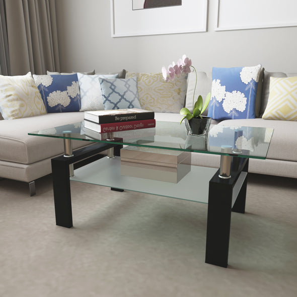 Rectangle Black Glass Coffee Table, Clear Coffee Table,Modern Side Center Tables for Living Room, Living Room Furniture