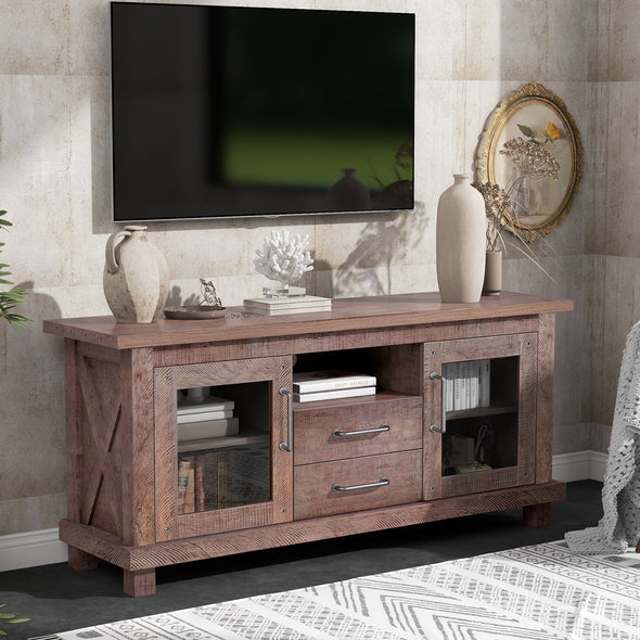 [Christmas Deal] ON-TREND Retro Industrial Vintage Particleboard TV Stand with Two Drawers and Open Style Shelves Glass Doors and Adjustable Shelf, Barnwood