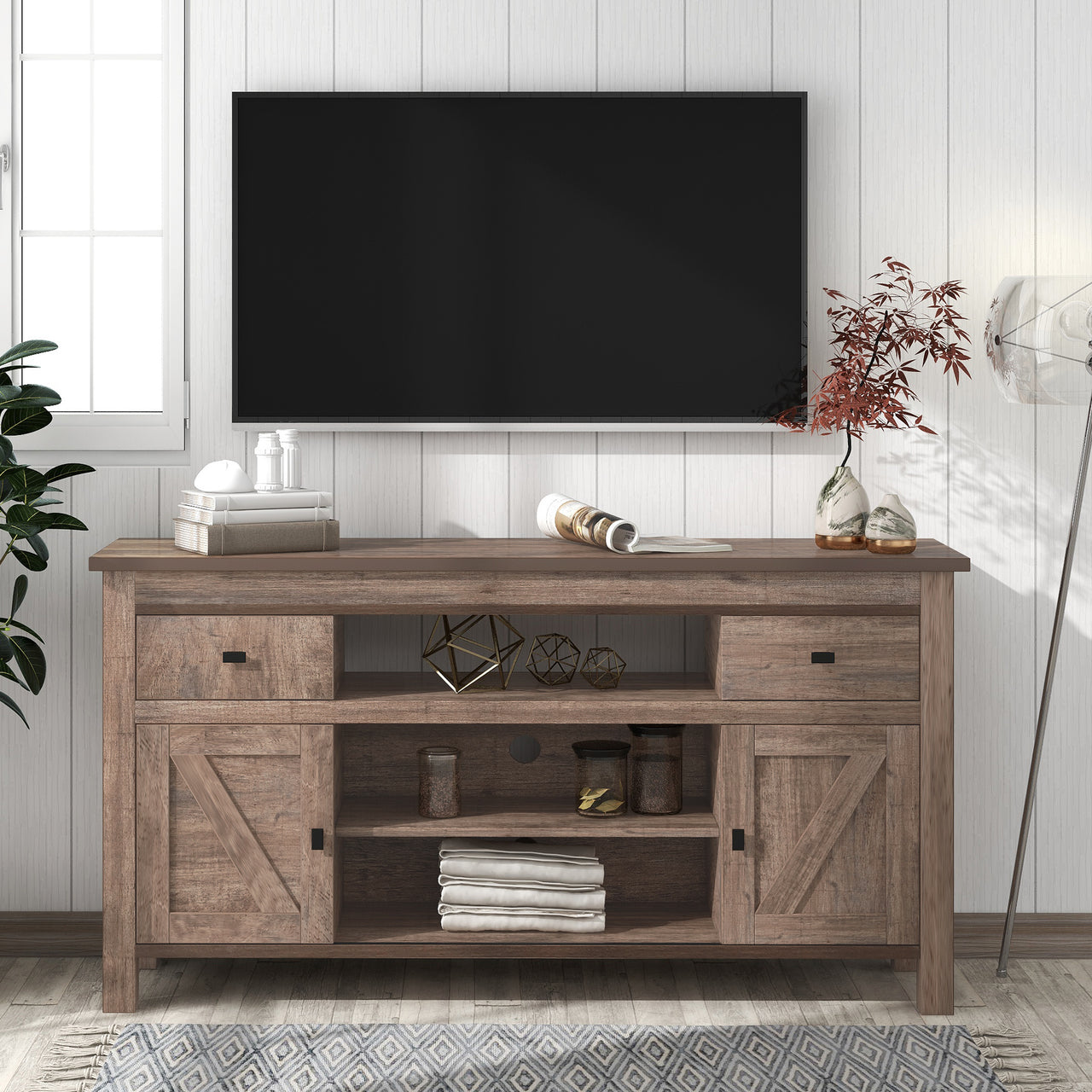 [Christmas Deal] ON-TREND Modern, Stylish Functional Furnishing Particleboard TV Stand with Two Drawers and Open Style Shelves Sliding Doors and Adjustable Shelf, Antique Grey