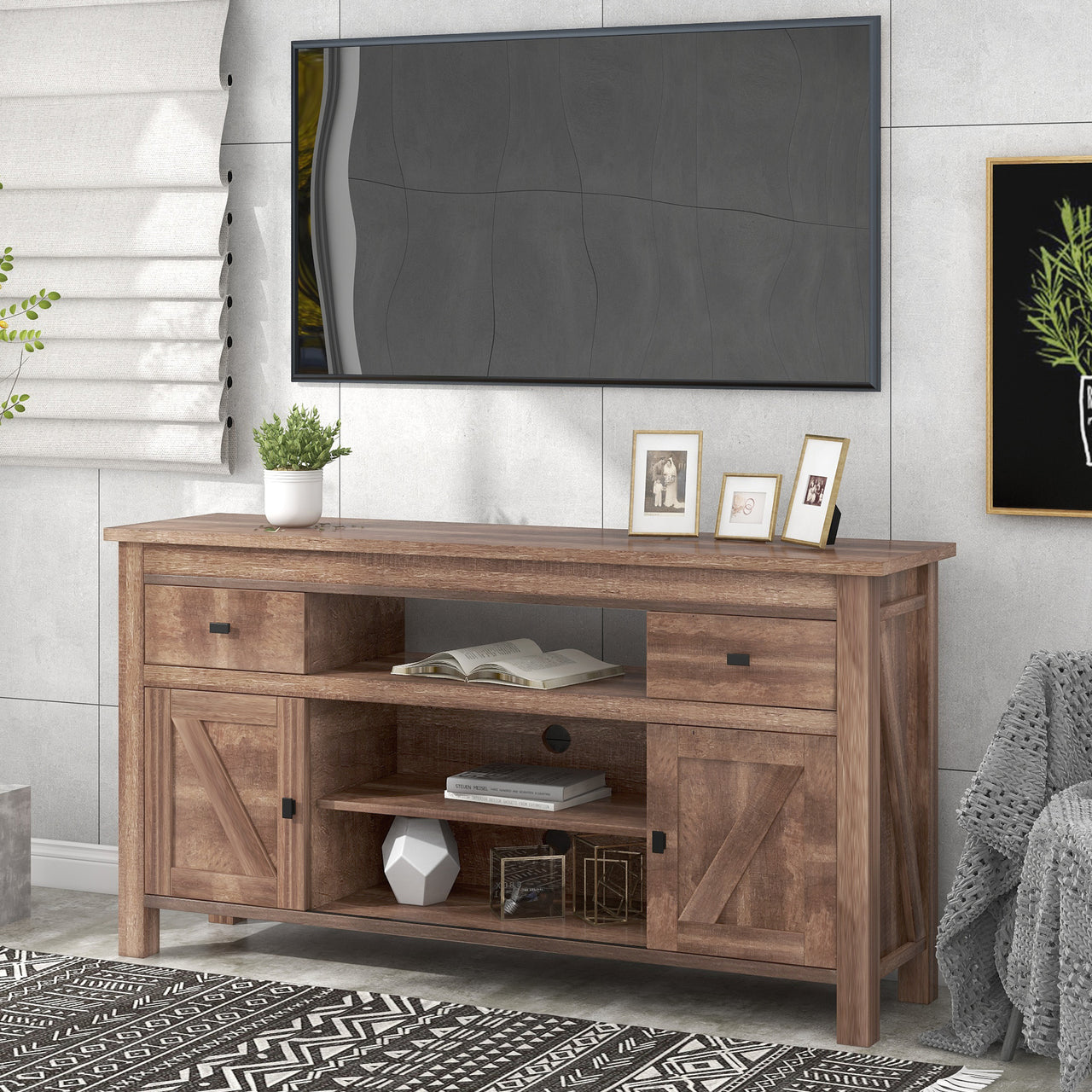 [Christmas Deal] ON-TREND Modern, Stylish Functional Furnishing Particleboard TV Stand with Two Drawers and Open Style Shelves Sliding Doors and Adjustable Shelf, Barnwood
