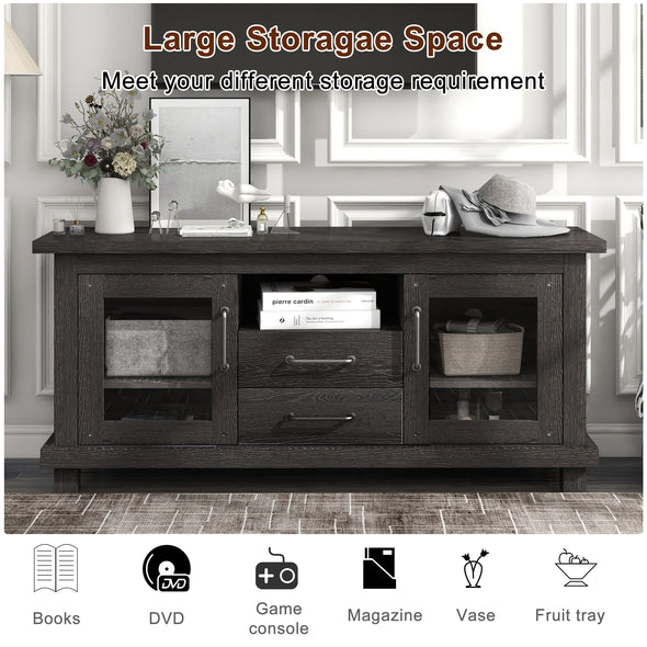 [Christmas Deal] ON-TREND Retro Industrial Vintage Particleboard TV Stand with Two Drawers and Open Style Shelves Glass Doors and Adjustable Shelf, Espresso